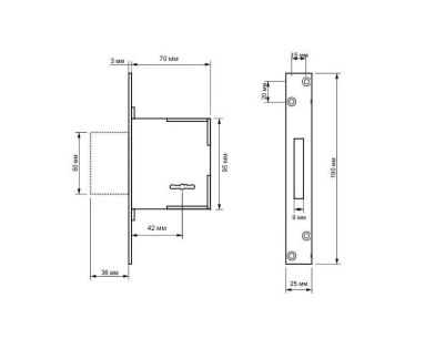 Замок врезной Mottura 40.751.42 чертёж